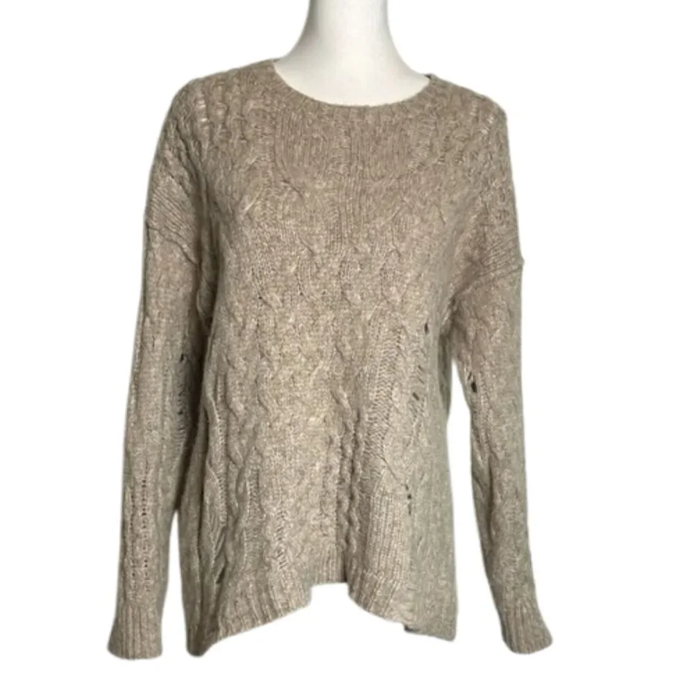 Free Peoples Chunky Cable Knit Sweater Womens XS Alpaca Wool Distressed Crew Tan